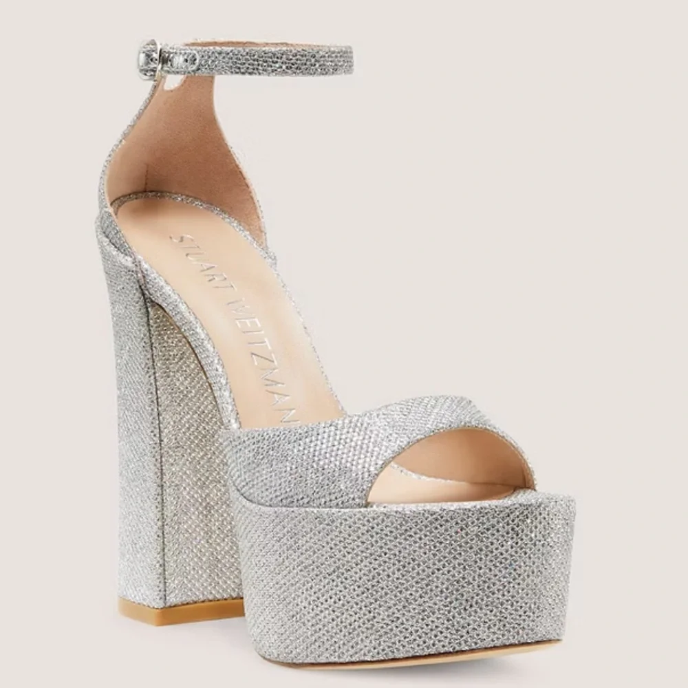 🌹STUART WEITZMAN🌹 Skyhigh 145 Silver Platform Sandal Heel Size: 10